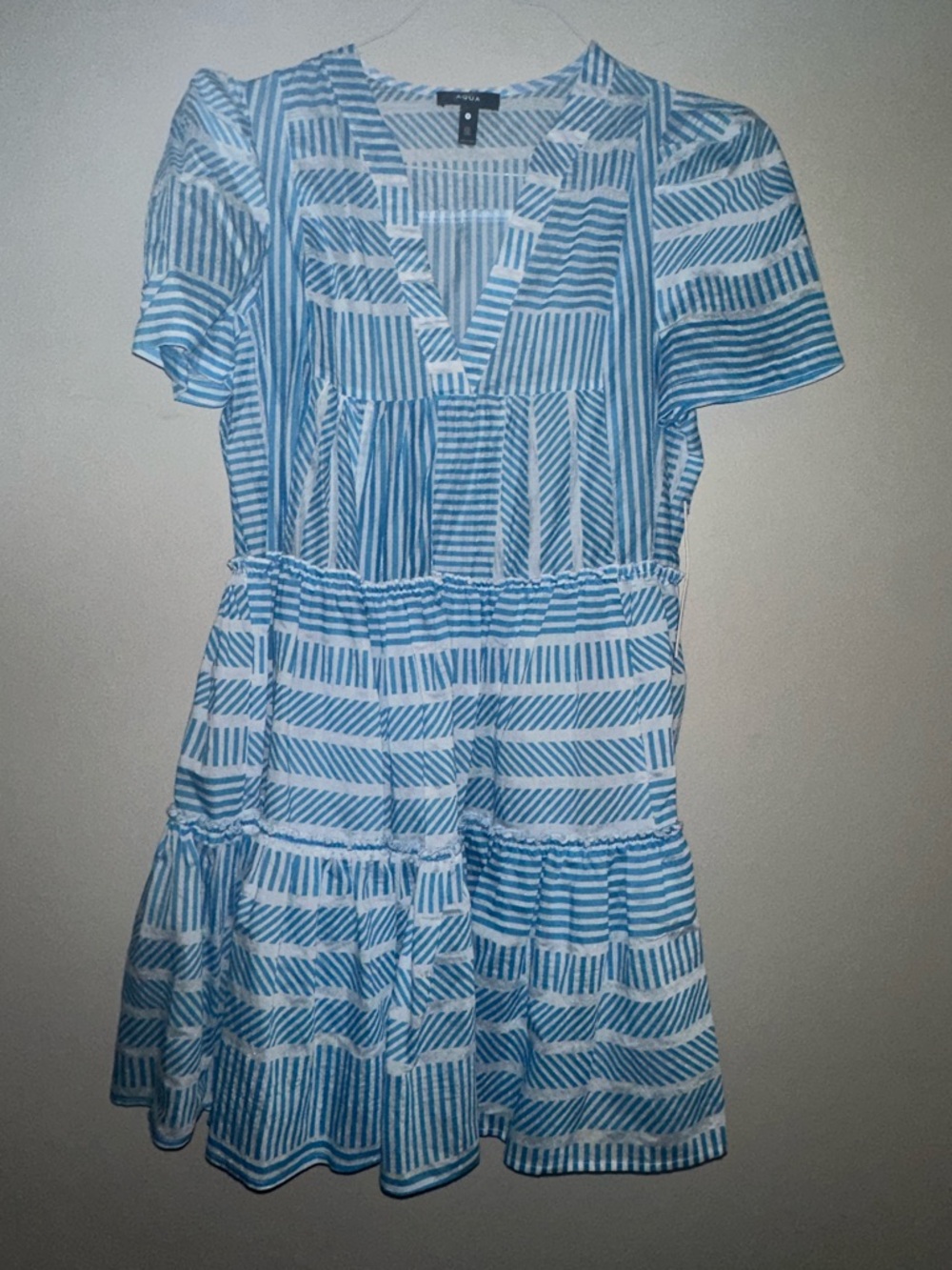 Aqua Blue & White Striped Tiered V‑Neck Mini Dress